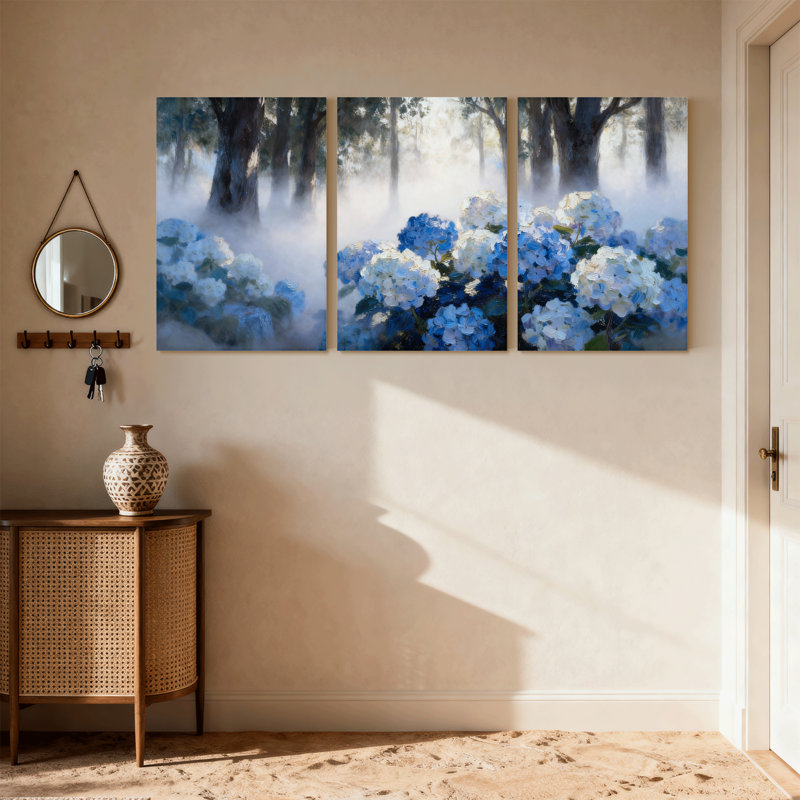 Hortensia, fleurs bleues dans une forêt brumeuse, ensemble de 3 impressions sur toile, H 24 po x l 48 po