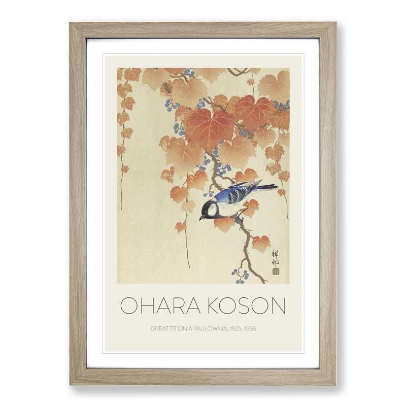 Great Tit On A Paulownia Branch by Ohara Koson - Single Picture Frame Print, 36cm H x 27cm W x 2cm D, Oak Framed