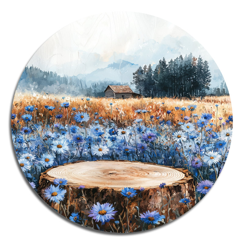 «Cornflowers Garden At The Barn On Slide II» - Art mural rond en métal, H 36 po x l 36 po