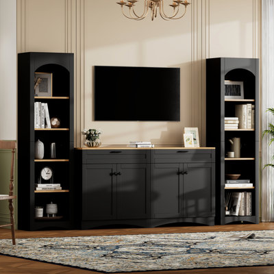 Meuble télé rustique pour téléviseurs de 70 pouces, style milieu du siècle, avec tablette intégrée, tablette ajustable, rangements et étagères noirs.