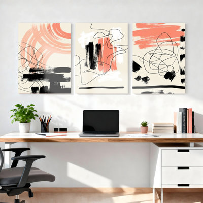 Abstrait coup de pinceau et dessin au trait sur toile tendue, ensemble de 3 reproductions de peintures à l'huile pour salon chambre à coucher