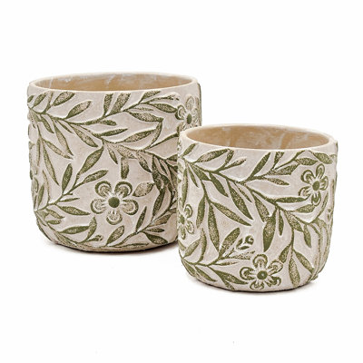 S/2 Gray Sand and Cement Planters with Etched Green Floral Motif, L:D6.7x6.3" S:D5.5x5"