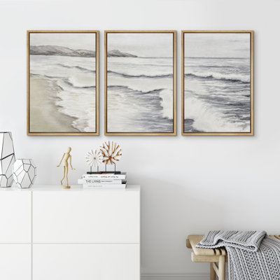 Coastal Beach Ocean Waves Muted Relax Calm Seascape Home Decor - Framed Canvas Print Wall Art Work