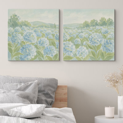 Soft Blue Green Floral Field Hydrangea Style Set Framed Canvas Master Bedroom Wall Art Work 2 Pieces Print