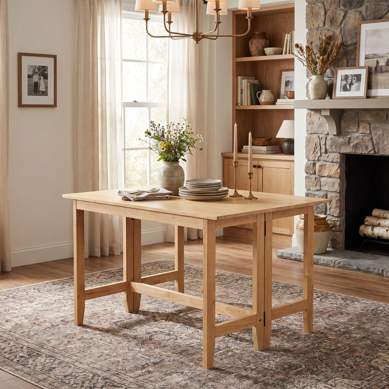 Table de salle à manger extensible en bois, d'inspiration champêtre, avec rallonge pliable, idéale pour les petites pièces et dotée d'une finition en bois naturel authentique.