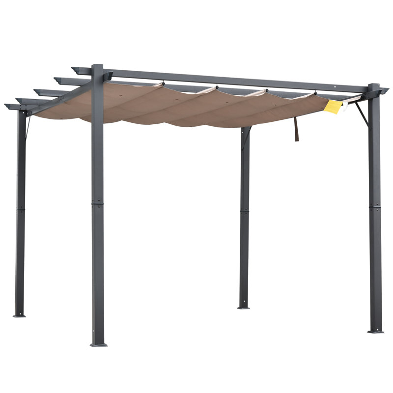 3 X 3m Aluminium Pergola Canopy, Retractable Roof Gazebo Awning, Uv Resistant With 8 Drainage Grommets & 8 Ground Stakes, Outdoor Garden Patio Sun Shade For Party Bbq, Brown