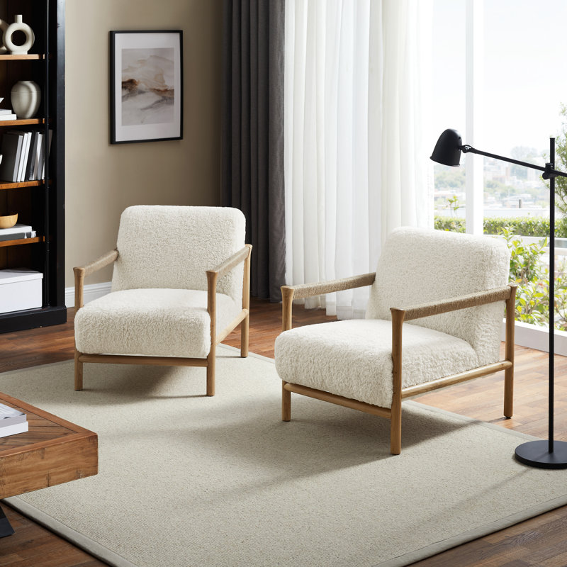 Friesen Upholstered Accent Armchair With Solid Wood Frame (Set of 2), White Faux Fur