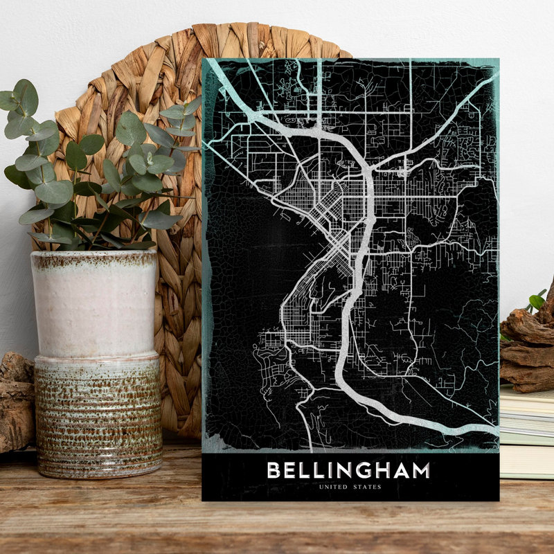 «Bellingham Dark Map Contemporary City», reproduction d'art murale, H 18 po x l 12 po