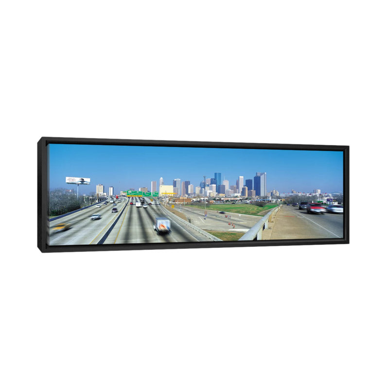 «Houston Panoramic Skyline Cityscape», reproduction de photo sur toile, H 12 po x l 36 po x P 1,5 po, Bleu, Cadre noir