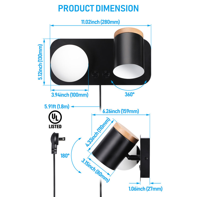 Dual-Head Wall Mounted Reading Lights, Plug-In Wall Sconces, Black