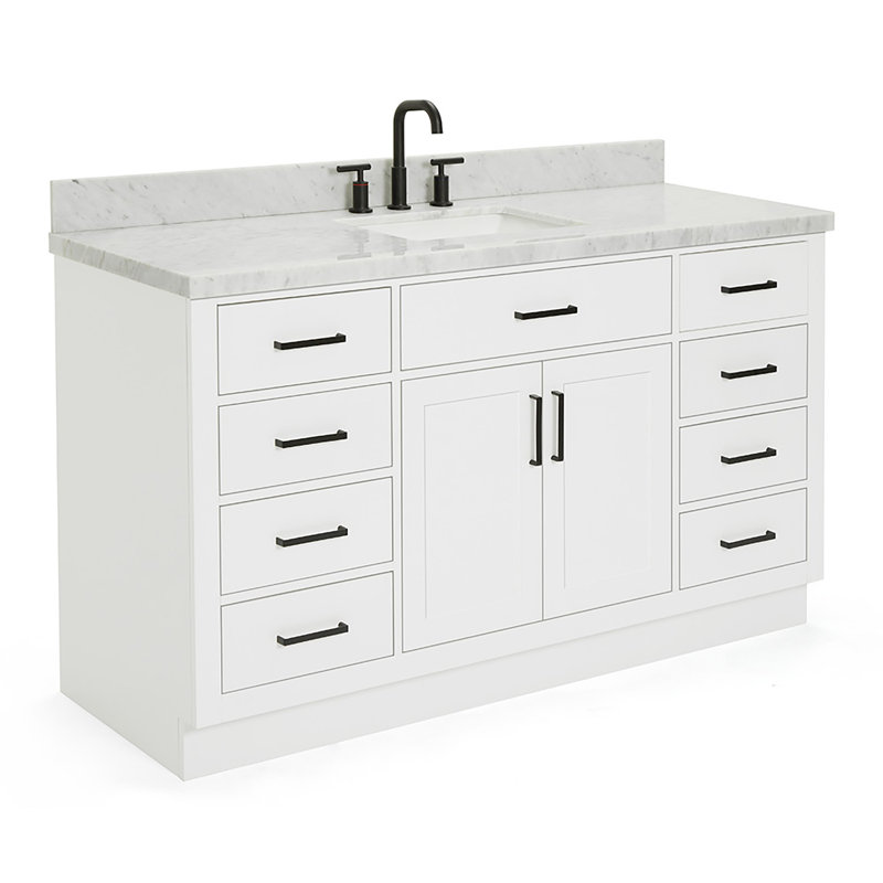 Tidworth Solid Wood Single Bathroom Vanity with 1.5'' Carrara Marble Top, Rectangular, White