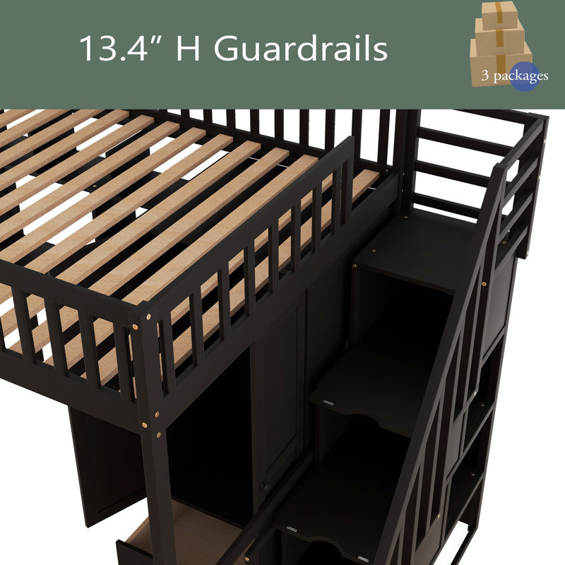 Giff Kids Twin Loft Bed with Drawers, Brown