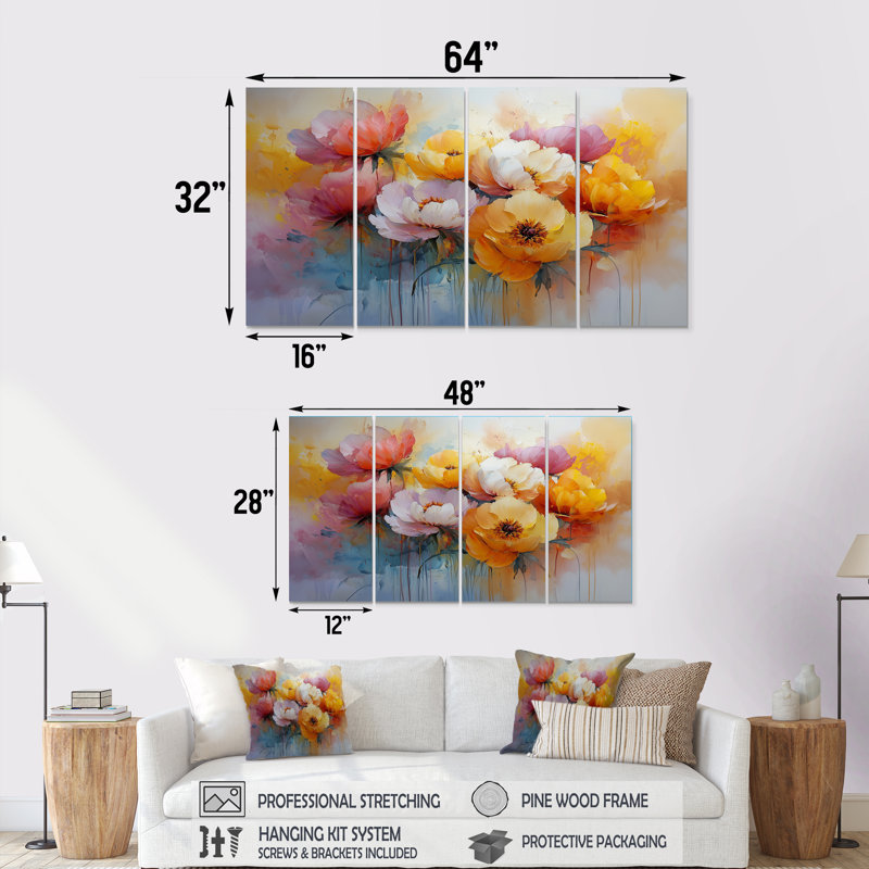 Susie - pivoines, art mural - ensemble d'art mural traditionnel Wal, H 28 po x l 48 po, 4