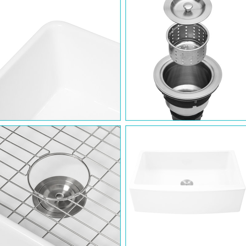 Évier de cuisine blanc 33 po en céramique, façade à tablier arqué pour cuisine moderne et pratique, avec accessoires et accessoires
