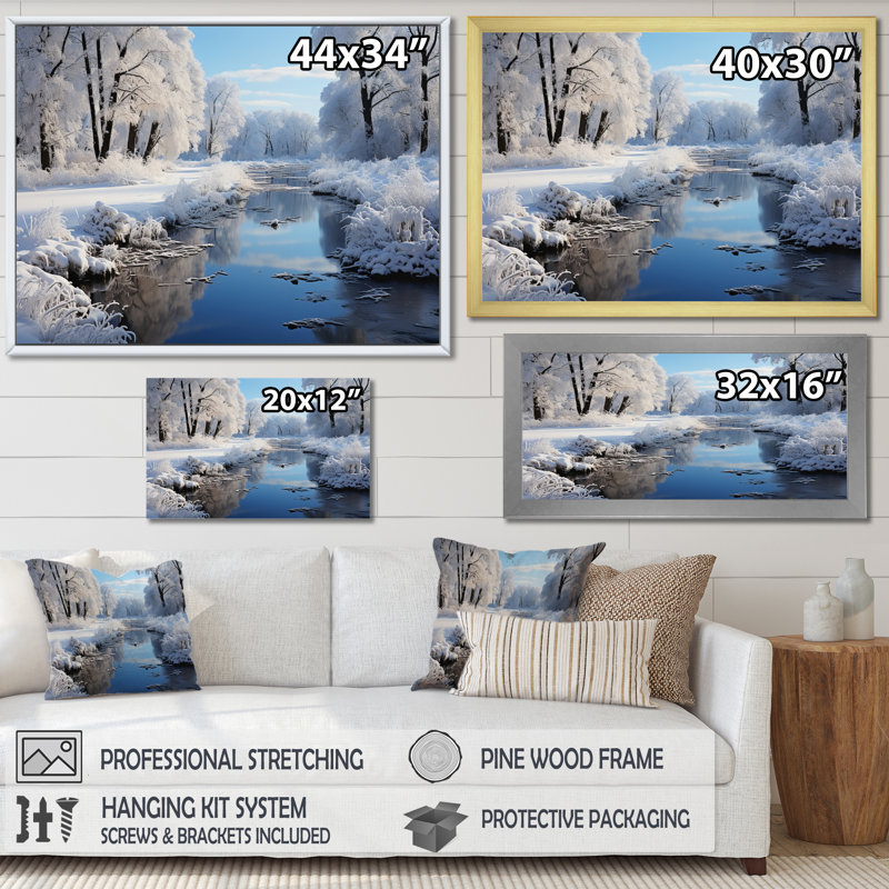 " Winter Landscape River Reflection I ", Gold Floater Framed, 16" H x 32" W x 1" D