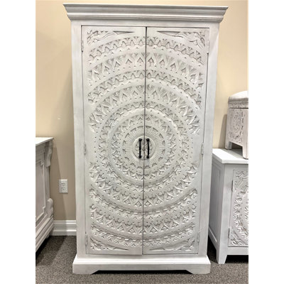 67 Inch Tall Lace Carved White Wash Home Bar Wine Accent Storage Cabinet by Bungalow Rose
