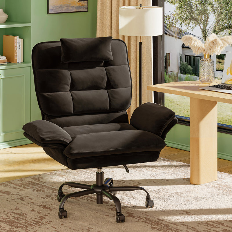 Modern 2-Piece Desk Office Chair Set , 55Inch Executive Fluted Desk with Power Outlets and File Drawer,24.8'' W Velvet Cross-Legged Office Chair with Flip-up Arms and Headrest