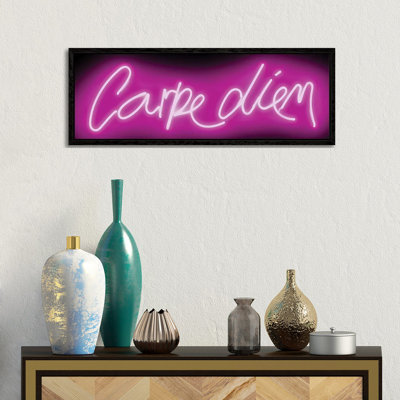 Neon Carpe Diem Pink On Black by Hailey Carr - Panoramic Print on Canvas
