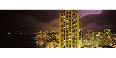 Buildings Lit up at Night, Honolulu, Oahu, Hawaii, USA - Wrapped Canvas Panoramic Print -  East Urban Home, EASU3451 34067912