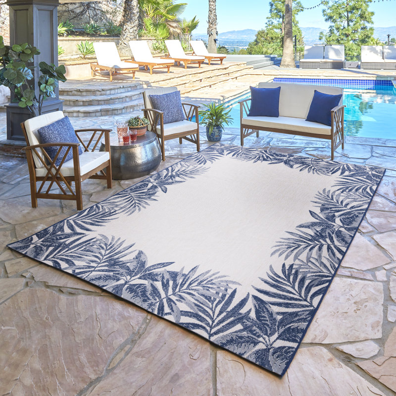 Arnaud Tropical Palm Border Navy Blue Ivory Flatweave Indoor/ Outdoor Area Rug, Rectangle 7'10" x 10'