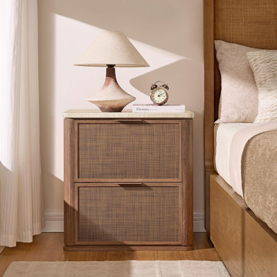 Boho 2-Drawer Nightstand with Rattan-Look Front, Faux Travertine Top & Rounded Corners – Single or Set of 2