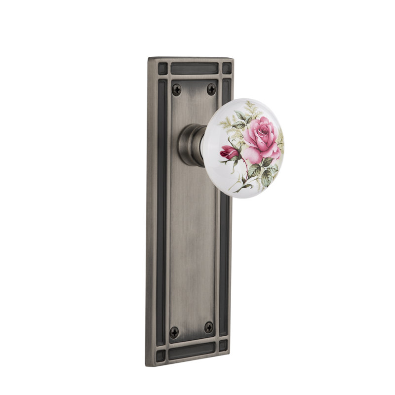 Mission Plate with White Rose Porcelain Door Knob, Antique Pewter