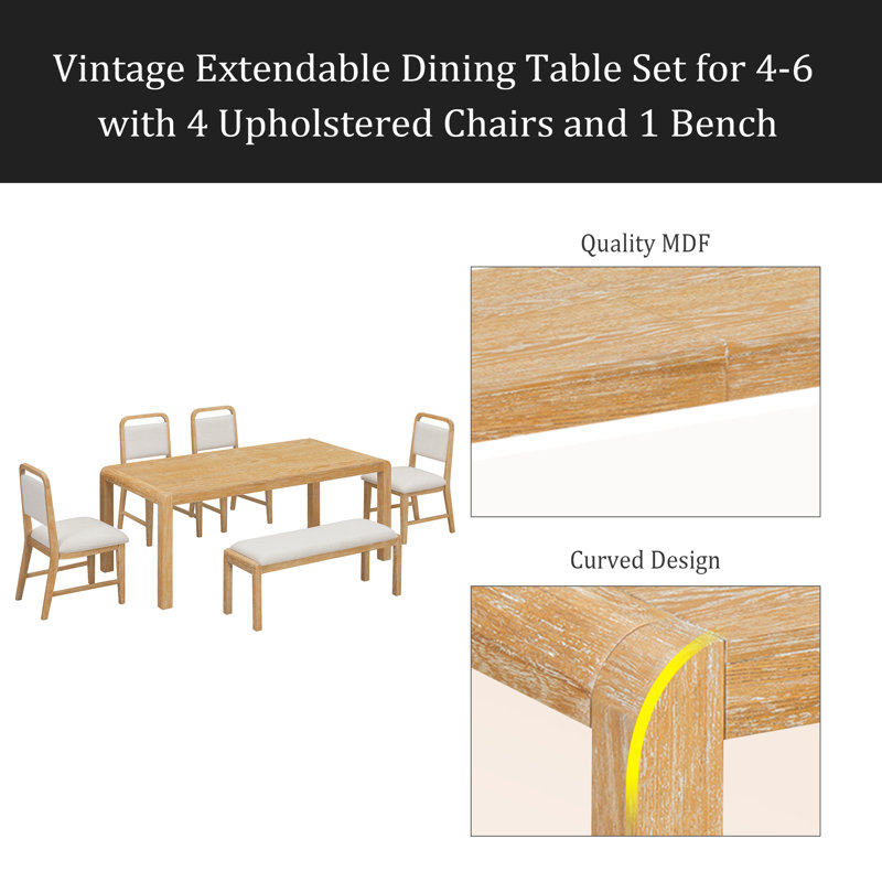 Ensemble de table de salle à manger vintage extensible pour 4 à 6 personnes avec 4 chaises rembourrées et 1 banc, Naturel
