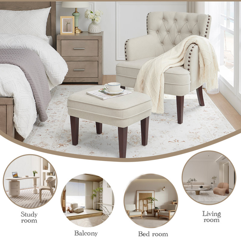 Fauteuil rembourré avec repose-pieds, Mélange de polyester beige