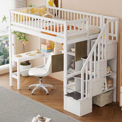 Wood Twin Size Loft Bed with Built-in Desk, LED, Storage Shelves, Cabinets and Staircase,