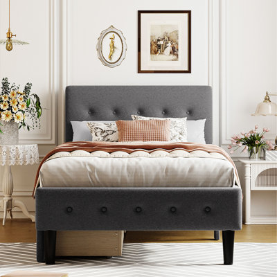 Lit plateforme simple tapissier avec 2 tiroirs en tissu gris - Structure, surface de sommeil confortable, pas de sommier tapissier, taille facile à installer et panneau de particules, revêtement en lin élégant, à assembler