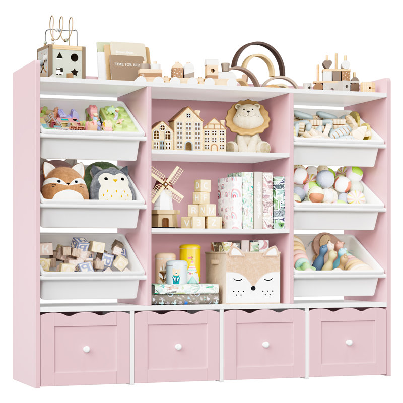 🧸 55"W x 48"H Multi-Functional Kids Organizer: 4-Drawer Toy Storage & Bookshelf with 6 Removable Bins, Pink/White