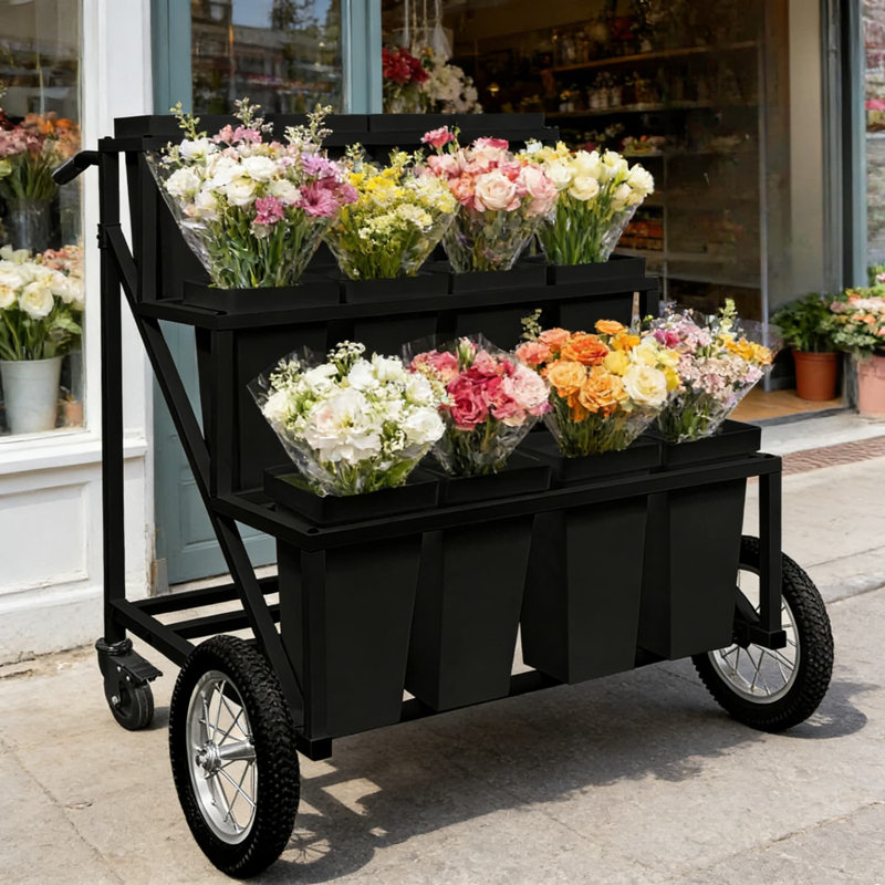 Présentoir à fleurs professionnel à 3 niveaux avec 12 seaux amovibles et de grandes roues pour les fleuristes, les jardineries et les organisateurs d'événements