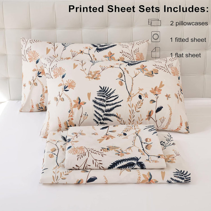 Boho Floral Printed Sheet Set Queen 4 Piece, Soft Botanical Pattern Microfiber Sheets Extra Deep Pocket