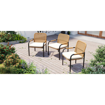 Ensemble de 3 chaises de salle à manger d'extérieur, chaises de patio à dossier en rotin avec coussins amovibles, capacité de 400 lb, chaises en osier toutes saisons pour le jardin, la cour et le porche