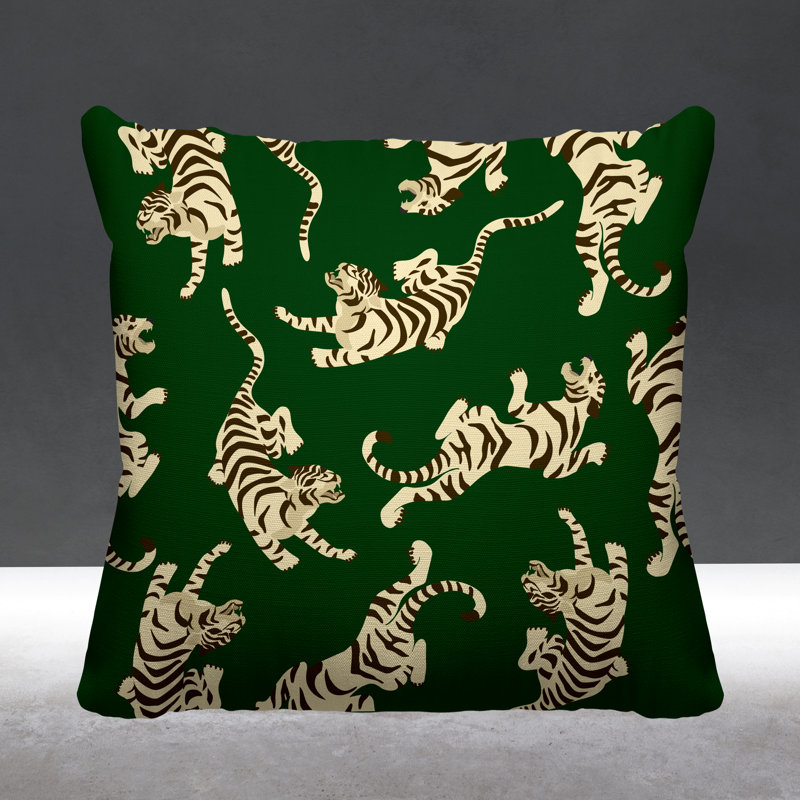 Coussin décoratif intérieur / extérieur Tigger Boho Tiger, L 17 po x H 17 po, Vert