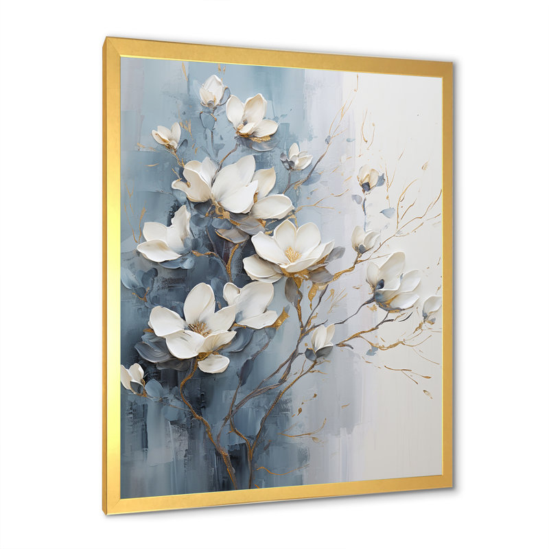 «Magnolias II», art mural bleu et blanc sur toile, H 40 po x l 30 po x P 1,5 po, Cadre doré simple