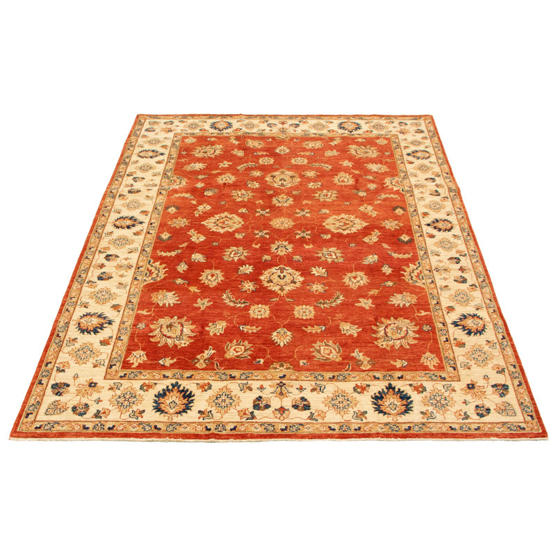 Tapis décoratif rouge/beige en laine de conception unique 6 pi 7 po x 9 pi 7 po noué à la main New Age