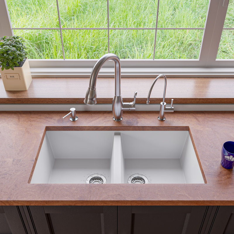 34'' L Double Bowl Granite Kitchen Sink, White