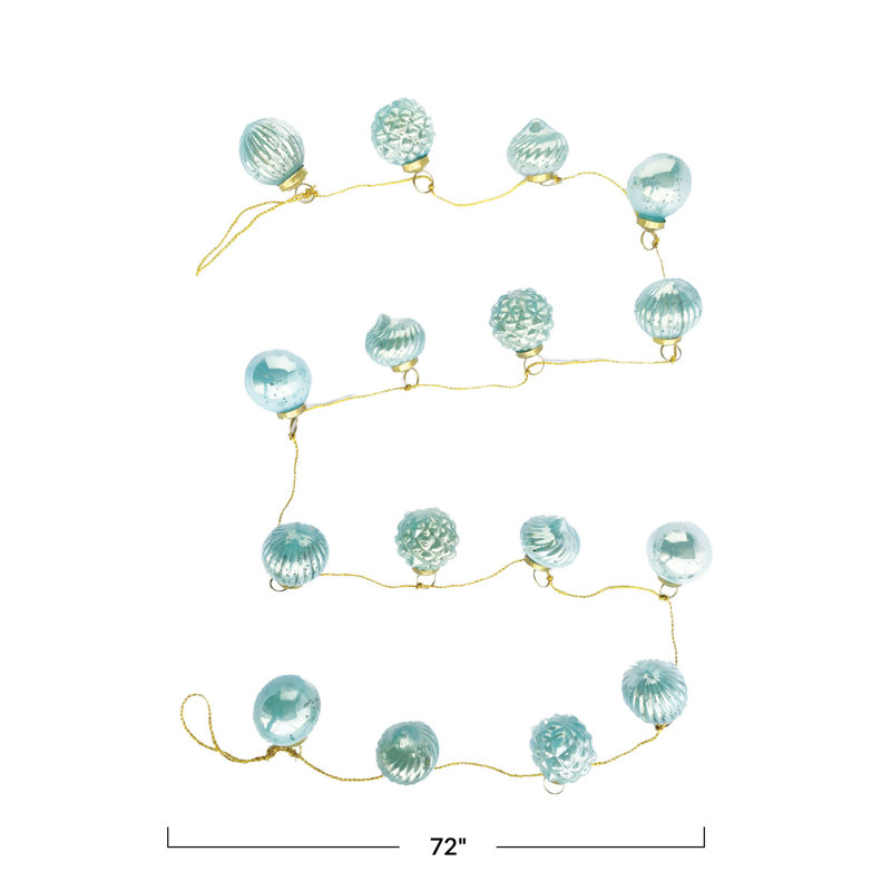 Embossed Mercury Glass Ornament Garland With Gold Cord, Mint