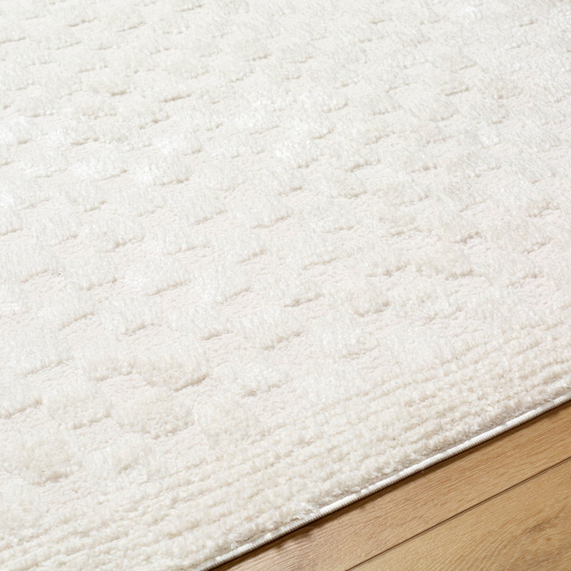 Off White Modern Shaggy Rug, Bordered Chequered Easy to Clean Rug For Living Room, Dining Room, Bedroom