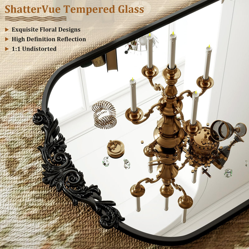 Arched Metal Mirror With Ornate Frame, Vintage Wall Mirror For Living Room, Entryway, Bedroom Decor, Black