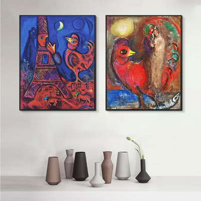 Reproduction d'art numérique sur toile encadrée, 2 pièces par Marc Chagall, série d'art mural n ° 18 pour les décorations de bureau à domicile (cadre de couleur bois mince, 18 po x 24 po chaque pièce)