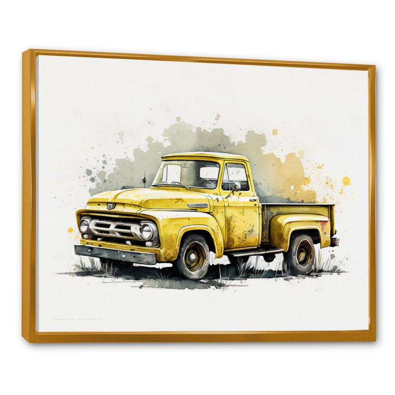 «Yellow and Cream Retro Treasures» - impressions sur toile de voiture rétro, H 30 po x l 40 po, Cadre flottant doré
