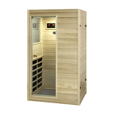 Sauna infrarouge lointain intérieur pour 1 personne, température maximale de 60 °C (140 °F), 905 W/120 V, haut-parleur Bluetooth et lampe de lecture intégrés, porte à ouverture à gauche, bois de peuplier européen, panneau de commande numérique, montage facile