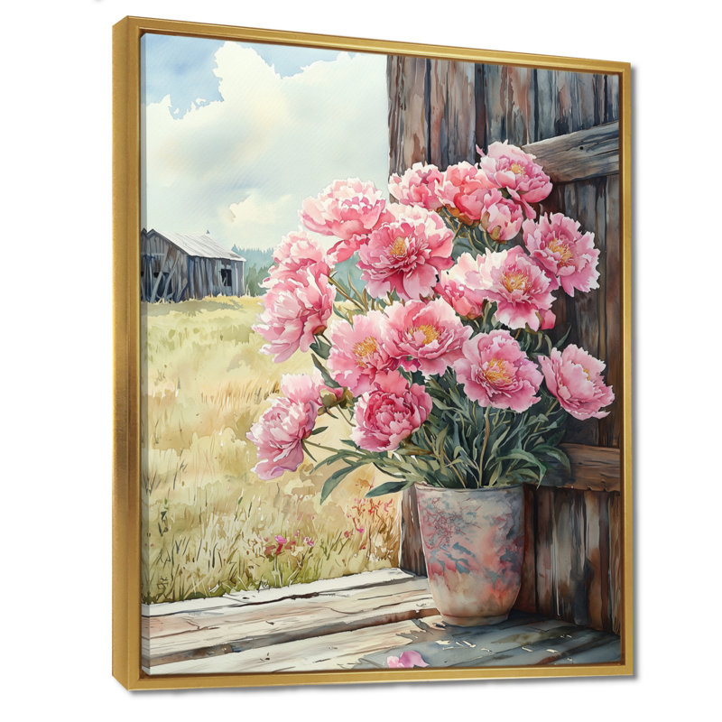 Pivoines dans la brise de basse-cour III - pivoines, art mural, H 32 po x l 16 po, Reproduction avec cadre flottant, Doré