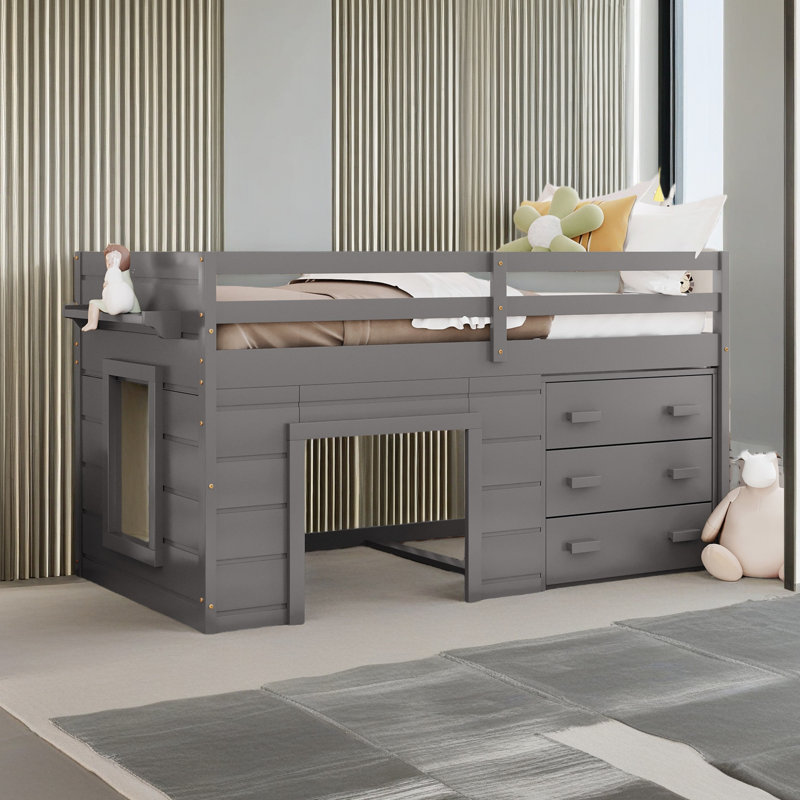 Lit mezzanine simple avec armoire et tablette, Gris