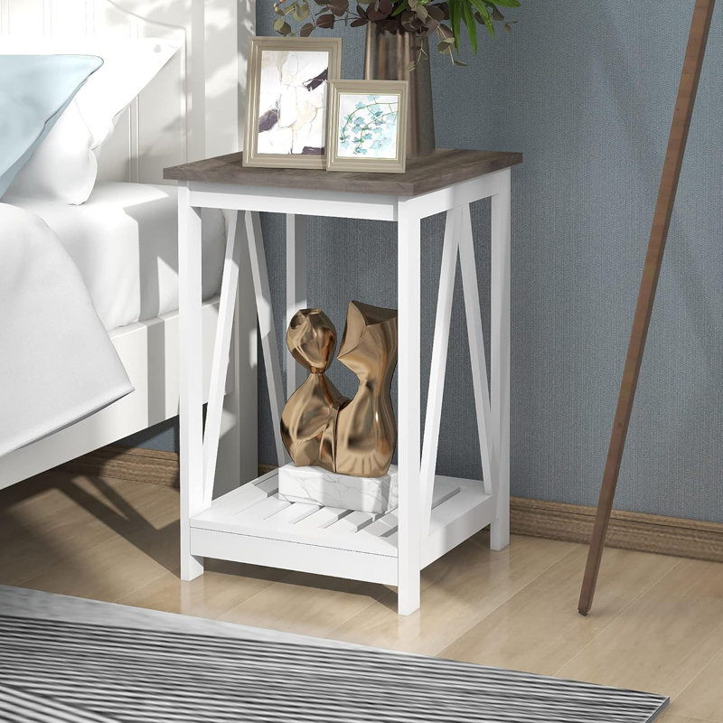 Square End Table, Accent Side Table With Slats Design, Sofa Side Nightstand Table With Sturdy Frame For Living Room Bedroom