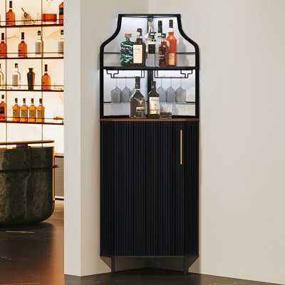 59.05" Tall Corner Bar Storage Cabinet with Wine Rack & Lights by Mercer41