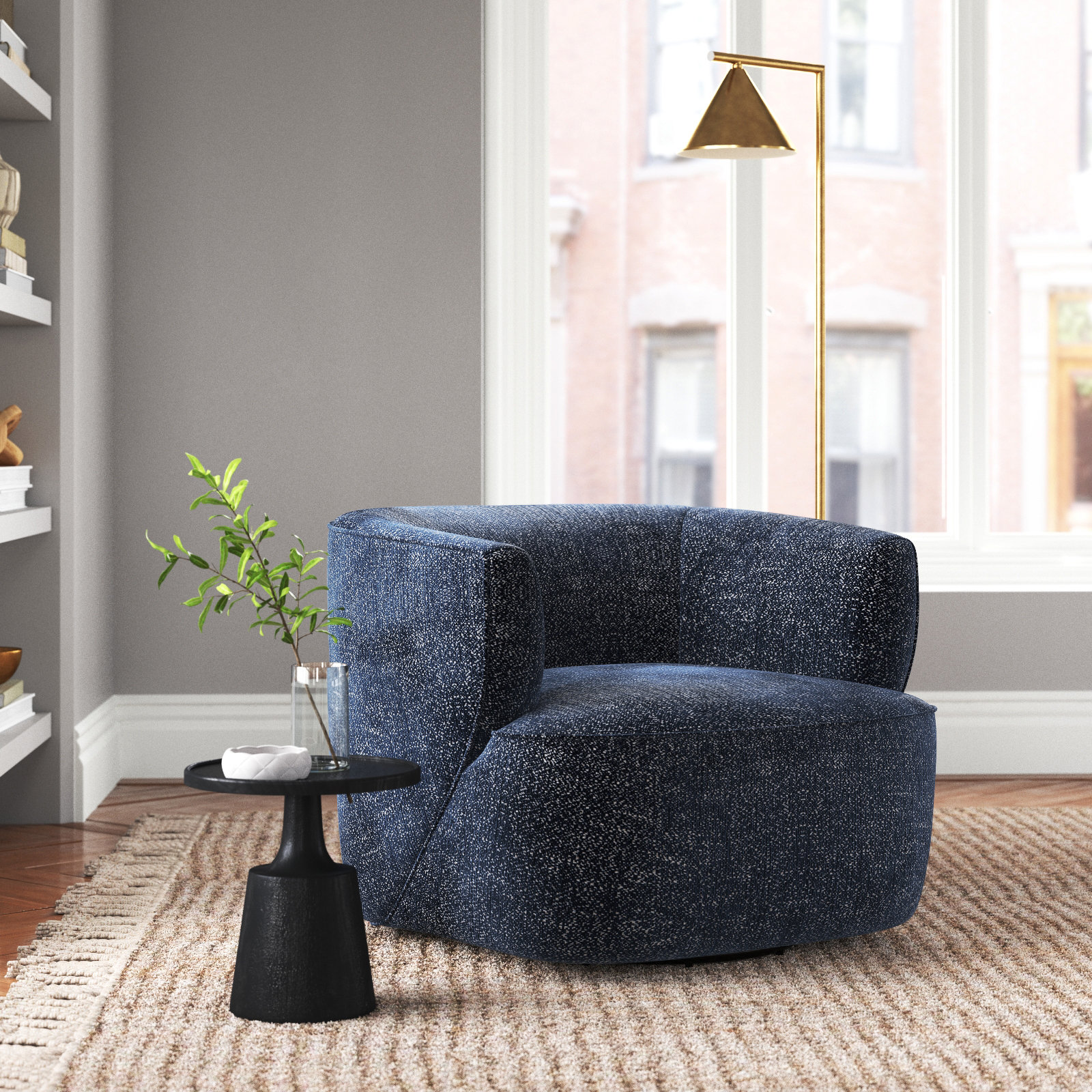 Bronte Pine Swivel Barrel Chair, Comal Azure Performance Textured Weave
