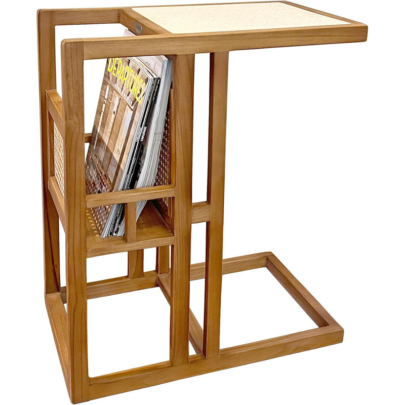 Solid Teak Side Table With Magazine Rack, C Shapped End Table For Couch, Sofa And Desk, Teak Magazine Rack C-Table With Terrazzo Table Top, Fully Assembled